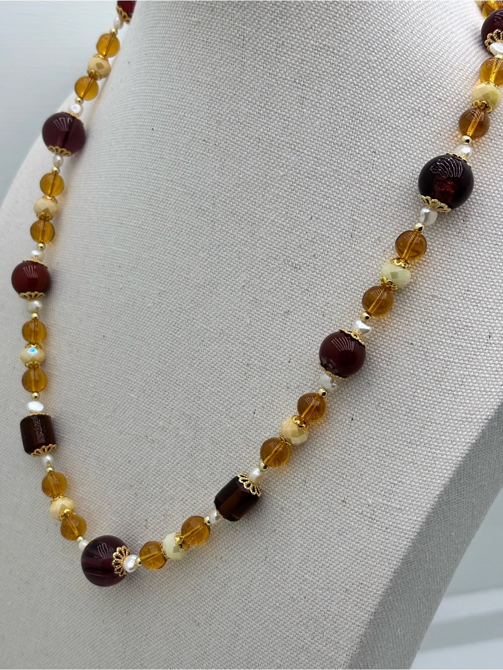Carnelian, brown and amber glass beads. Accented Yellow AB Crystal and Pearls. - Picture 3 of 5